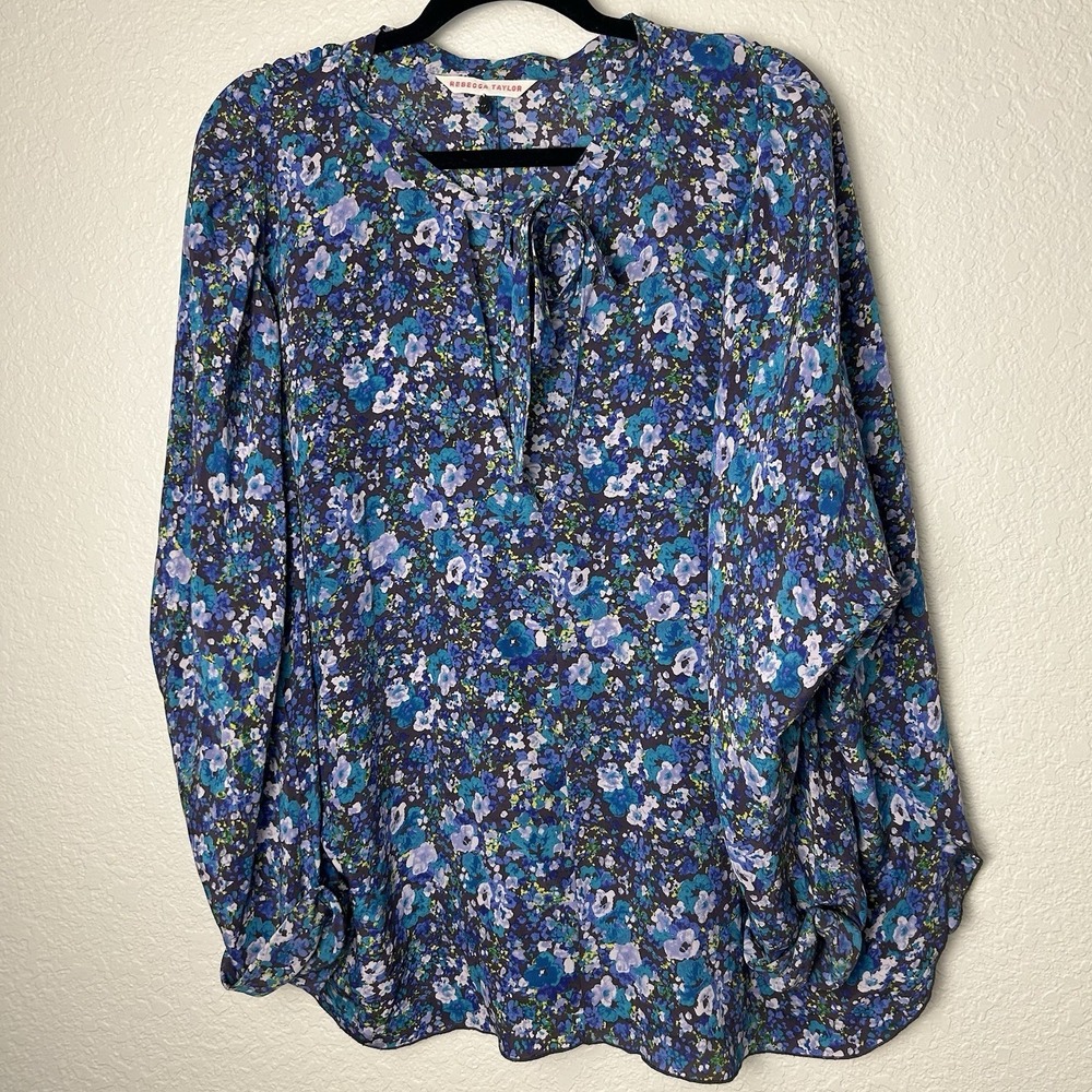 Rebecca Taylor Womens‎ Silk Blouse Sz 10 Long Sleeve Floral Blue Purple Flowy